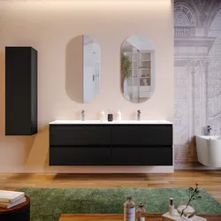 Mobile bagno sospeso 160 cm nero satinato con lavabo doppia vasca e specchio - Anami