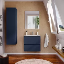 Mobile bagno sospeso 60 cm blu satinato con lavabo in ceramica e specchio - Anami