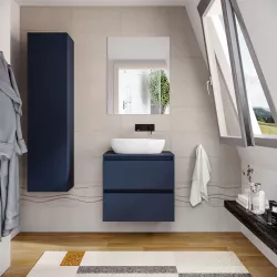 Mobile bagno sospeso 60 cm blu satinato con top e specchio - Anami