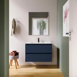 Mobile bagno sospeso 80 cm blu satinato con lavabo in ceramica e specchio - Anami