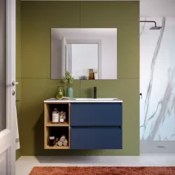 Mobile bagno sospeso 90 cm blu satinato con vano a giorno rovere africa e lavabo dx con specchio - Anami