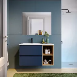 Mobile bagno sospeso 90 cm blu satinato con vano a giorno rovere africa e lavabo sx con specchio - Anami