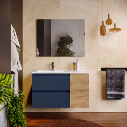 Mobile bagno sospeso 90 cm blu satinato con vano rovere africa e lavabo sx con specchio - Anami