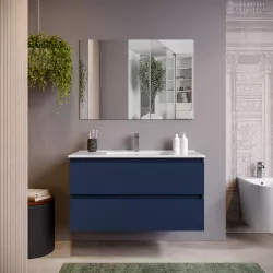 Mobile bagno sospeso 100 cm blu satinato con lavabo in ceramica e specchio - Anami