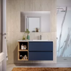 Mobile bagno sospeso 100 cm blu satinato con vano a giorno rovere africa e lavabo dx con specchio - Anami