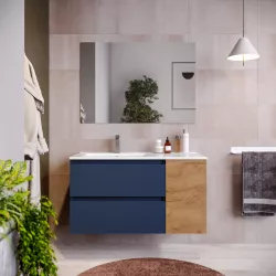 Mobile bagno sospeso 100 cm blu satinato con vano rovere africa e lavabo sx con specchio - Anami