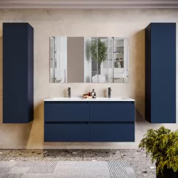 Mobile bagno sospeso 120 cm blu satinato con lavabo doppia vasca in ceramica e specchio - Anami