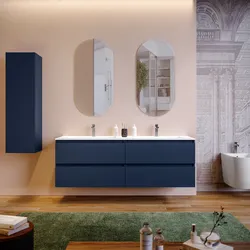 Mobile bagno sospeso 160 cm blu satinato con lavabo doppia vasca e specchio - Anami