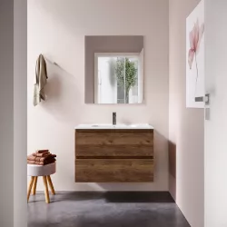 Mobile bagno sospeso 80 cm noce maya con lavabo in ceramica e specchio - Anami