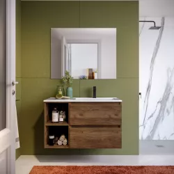 Mobile bagno sospeso 90 cm noce maya con vano a giorno e lavabo dx con specchio - Anami