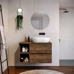 Mobile bagno sospeso 90 cm noce maya con vano a giorno reversibile e top con specchio - Anami