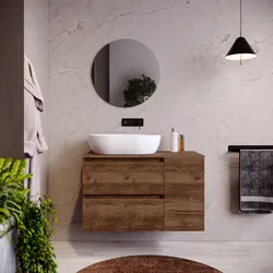 Mobile bagno sospeso 90 cm noce maya con vano reversibile e top con specchio - Anami