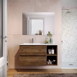 Mobile bagno sospeso 100 cm noce maya con vano a giorno e lavabo sx con specchio - Anami