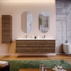 Mobile bagno sospeso 160 cm noce maya con lavabo doppia vasca e specchio - Anami