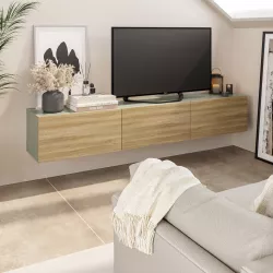 Mobile porta tv 180 cm in legno rovere e verde salvia con 3 ante - Betka