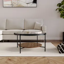 Tavolino 80x45h cm ripiano effetto noce e top in vetro temperato con struttura in metallo nero - Lucenzo