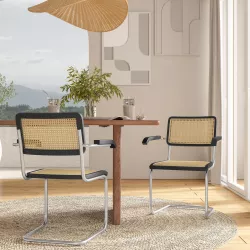 Set 2 sedie effetto rattan in legno nero con braccioli e gambe cromo - Baldo