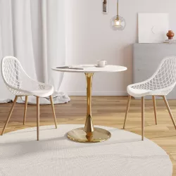 Tavolo da pranzo rotondo 80 cm con top in ceramica effetto marmo bianco e struttura oro - Tulipano