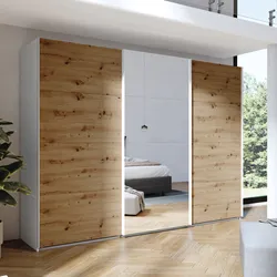 Armadio 300x223h cm bianco opaco con tre ante scorrevoli rovere artisan e specchio - Alen