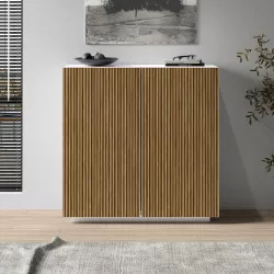 Credenza 120x126h cm bianco opaco con 2 ante effetto legno chiaro cannettato - Roots