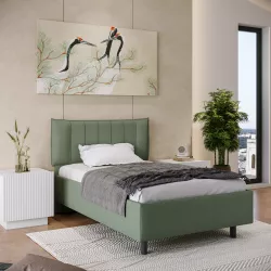 Letto una piazza e mezzo 120x190 cm imbottito e rivestito in tessuto verde con contenitore - Hazel