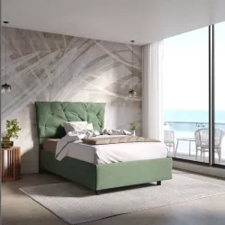 Letto una piazza e mezzo 120x190 cm imbottito e rivestito in tessuto verde con contenitore - Becca