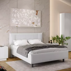 Letto matrimoniale 160x190 cm imbottito e rivestito in similpelle bianco con contenitore - Hazel