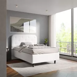 Letto una piazza e mezzo 120x190 cm imbottito e rivestito in similpelle bianco con contenitore - Caitlyn