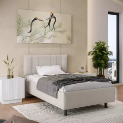 Letto una piazza e mezzo 120x190 cm imbottito e rivestito in tessuto ghiaccio con contenitore - Hazel