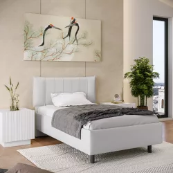 Letto una piazza e mezzo 120x190 cm imbottito e rivestito in similpelle bianco con contenitore - Hazel