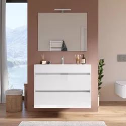 Mobile bagno sospeso 100 cm bianco lucido a due cassetti e lavabo con specchio - Medora