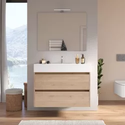 Mobile bagno sospeso 100 cm naturale a due cassetti e lavabo con specchio - Medora