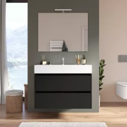 Mobile bagno sospeso 100 cm nero satinato a due cassetti e lavabo con specchio - Medora