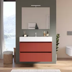 Mobile bagno sospeso 100 cm red satinato a due cassetti e lavabo con specchio - Medora