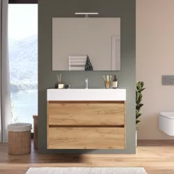 Mobile bagno sospeso 100 cm rovere africa a due cassetti e lavabo con specchio - Medora