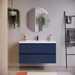 Mobile bagno sospeso 100 cm blu satinato con lavabo e specchio - Anami