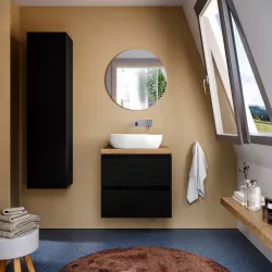 Mobile bagno sospeso 60 cm nero satinato con top rovere africa e specchio - Anami