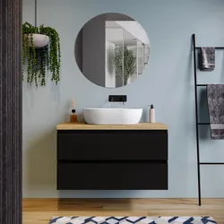 Mobile bagno sospeso 100 cm nero satinato con top rovere gold e specchio - Anami