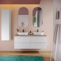 Mobile bagno sospeso 140 cm white satinato con top rovere africa e specchio - Anami