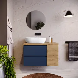 Mobile bagno sospeso 90 cm blu satinato con vano reversibile e top rovere gold con specchio - Anami