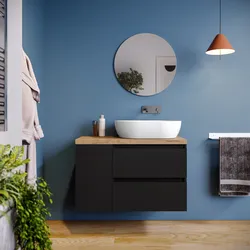 Mobile bagno sospeso 90 cm nero satinato con vano reversibile e top rovere gold con specchio - Anami