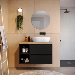Mobile bagno sospeso 90 cm nero satinato con vano a giorno reversibile e top rovere africa con specchio - Anami
