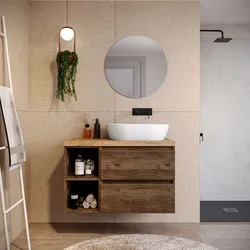 Mobile bagno sospeso 90 cm noce maya con vano a giorno reversibile e top rovere gold con specchio - Anami