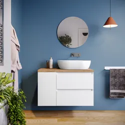 Mobile bagno sospeso 90 cm white satinato con vano reversibile e top rovere gold con specchio - Anami