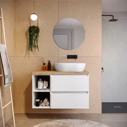 Mobile bagno sospeso 90 cm white satinato con vano a giorno reversibile e top rovere gold con specchio - Anami