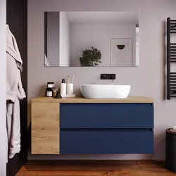 Mobile bagno sospeso 130 cm blu satinato con vano reversibile e top rovere gold con specchio - Anami