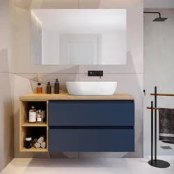 Mobile bagno sospeso 130 cm blu satinato con vano a giorno reversibile e top rovere gold con specchio - Anami