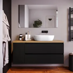 Mobile bagno sospeso 130 cm nero satinato con vano reversibile e top rovere gold con specchio - Anami