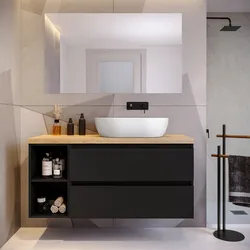 Mobile bagno sospeso 130 cm nero satinato con vano a giorno reversibile e top rovere gold con specchio - Anami