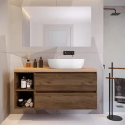 Mobile bagno sospeso 130 cm noce maya con vano a giorno reversibile e top rovere gold con specchio - Anami